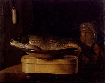 塞巴斯蒂安 斯托斯科夫 Still Life Of A carp In A Bowl Placed On A Wooden Box
